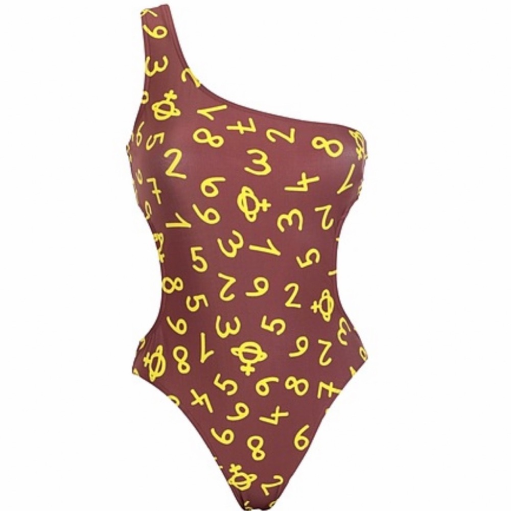 Vivienne Westwood Brown Cut Out Swimsuit with Yellow Trademark Spaceships